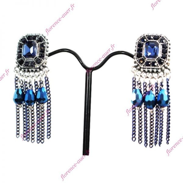 Boucles d'oreilles octogonales bleues mode pampilles perles chaînettes métal argenté