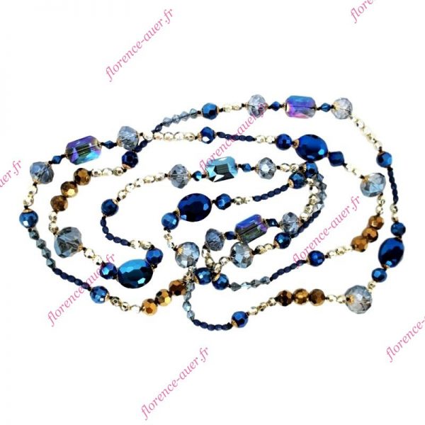 Très long collier de perles sautoir fantaisie ''richesse antique'' bleu vieil or bronze