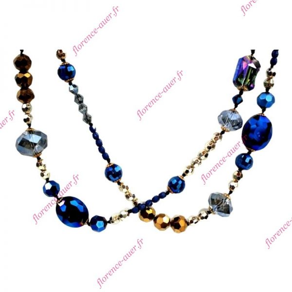 Très long collier de perles sautoir fantaisie ''richesse antique'' bleu vieil or bronze