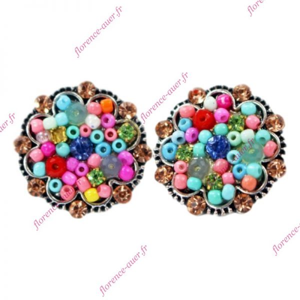 Boucles d'oreilles clips mosaïque de perles roses et turquoise