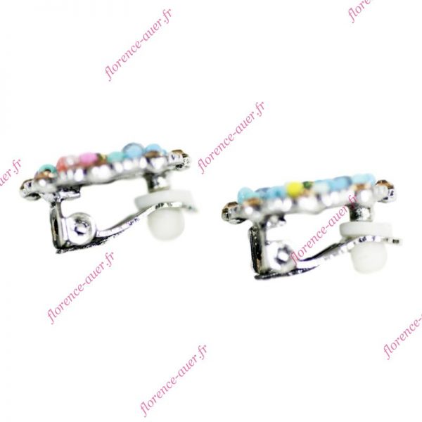 Boucles d'oreilles clips mosaïque de perles roses et turquoise