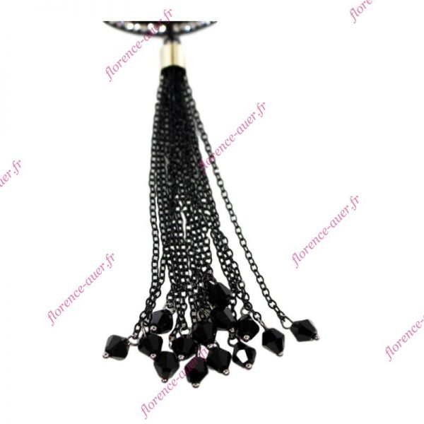 Collier long sautoir arbre de vie métal noir ajouré pompon simili-diamants