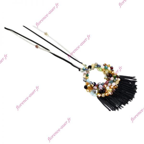 Sautoir collier long tendance disque perles multicolores fines franges noires