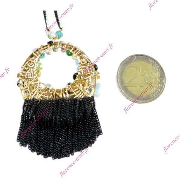 Sautoir collier long tendance disque perles multicolores fines franges noires