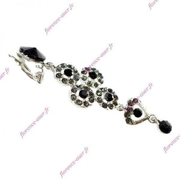 Boucles d'oreilles argentées pendantes clips disques cœurs strass noirs gris