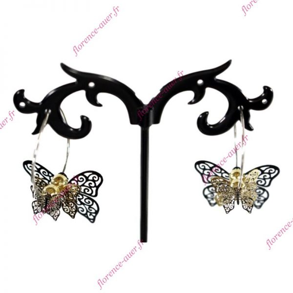 Boucles d'oreilles ultralégères trois papillons ajourés sur créole métal argenté doré noir