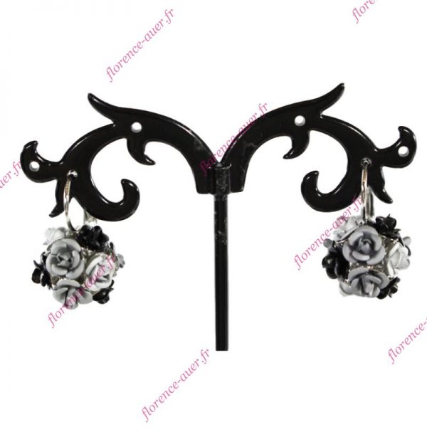 Boucles d'oreilles dormeuses roses noires et grises métal argenté