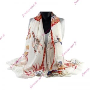 Grand foulard ivoire plumes roses dorées style indien chic attrape-rêves