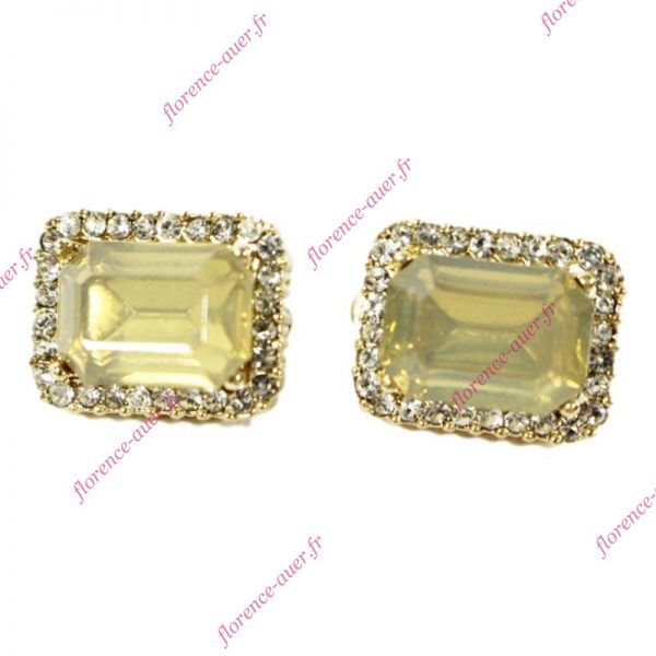 Boucles d'oreilles clips dorés cabochon rectangle mordoré miel sertissage strass blancs