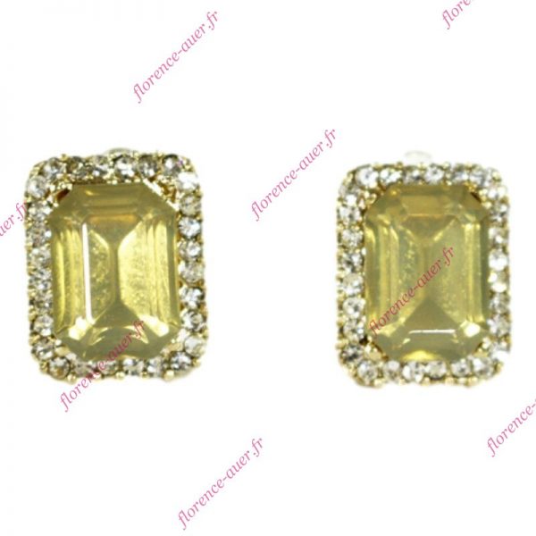 Boucles d'oreilles clips dorés cabochon rectangle mordoré miel sertissage strass blancs