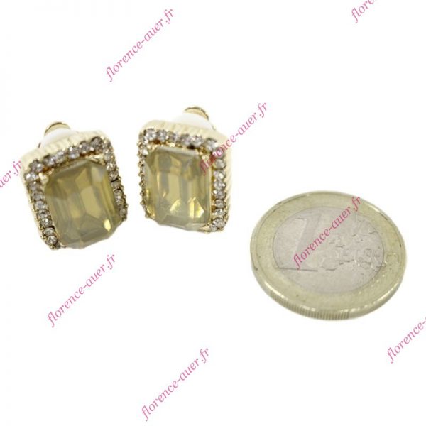 Boucles d'oreilles clips dorés cabochon rectangle mordoré miel sertissage strass blancs