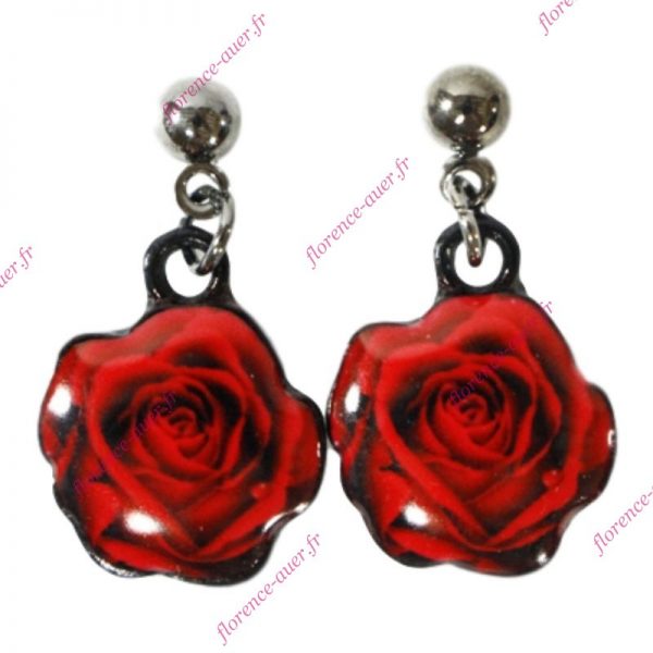 Boucles d'oreilles fantaisie roses rouges fleur amour passion Saint Valentin