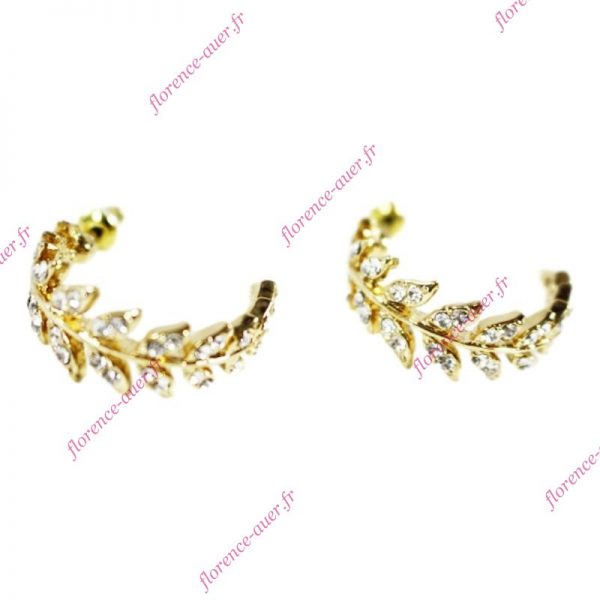 Boucles d'oreilles demi-créoles couronne feuilles de laurier simili diamant métal doré