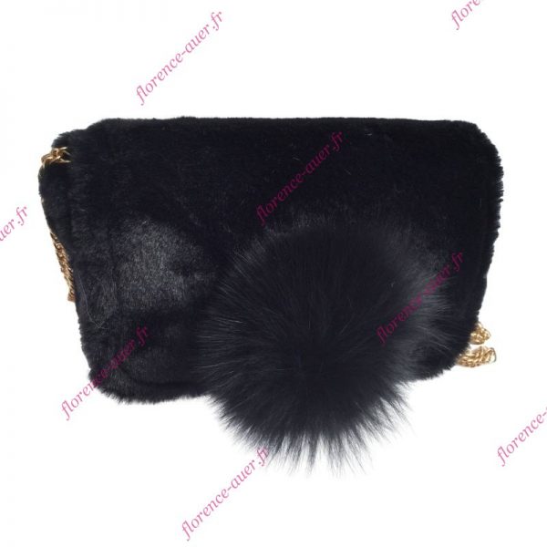 Petit sac noir imitation fourrure et pompon bandoulière amovible