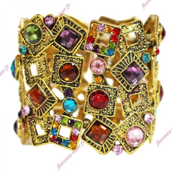 Bracelet manchette rond et carré métal doré vieilli strass multicolore élastique