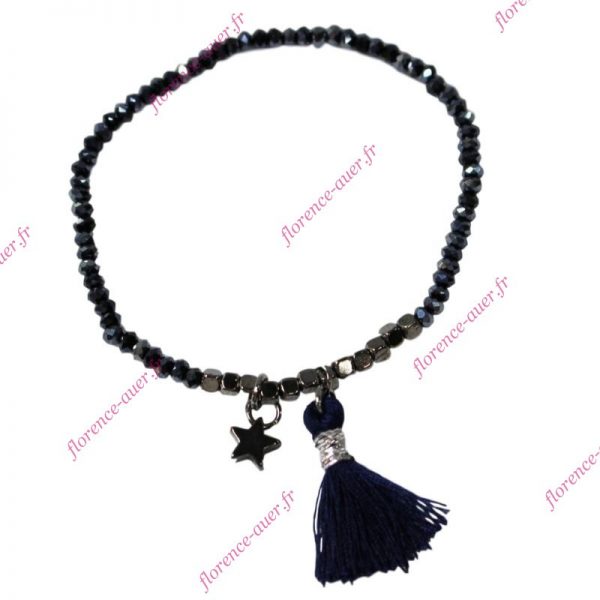 Bracelet bleu nuit élastique étoile argentée foncée pompon perles fantaisie cristal bleu métal argenté facettes