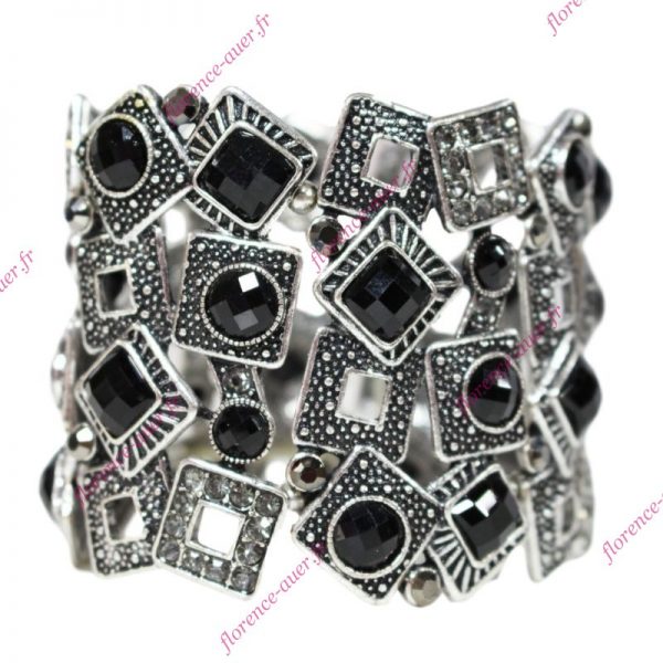 Bracelet manchette ronds et carrés métal argenté strass noirs gris élastique
