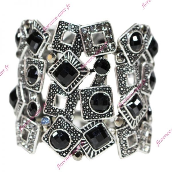 Bracelet manchette ronds et carrés métal argenté strass noirs gris élastique