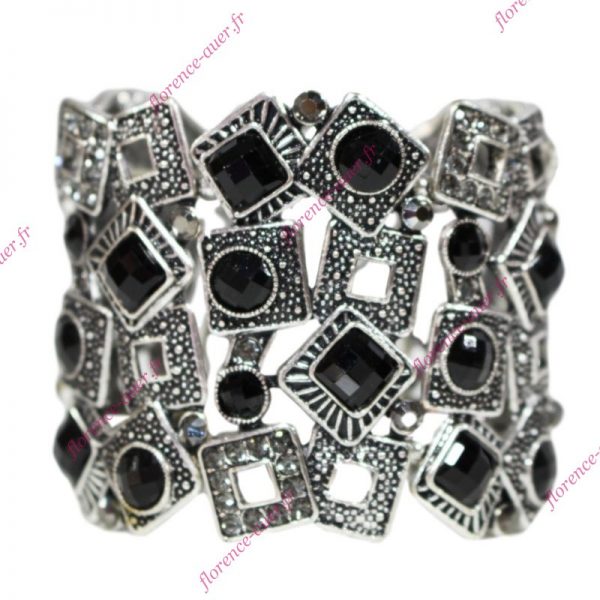 Bracelet manchette ronds et carrés métal argenté strass noirs gris élastique