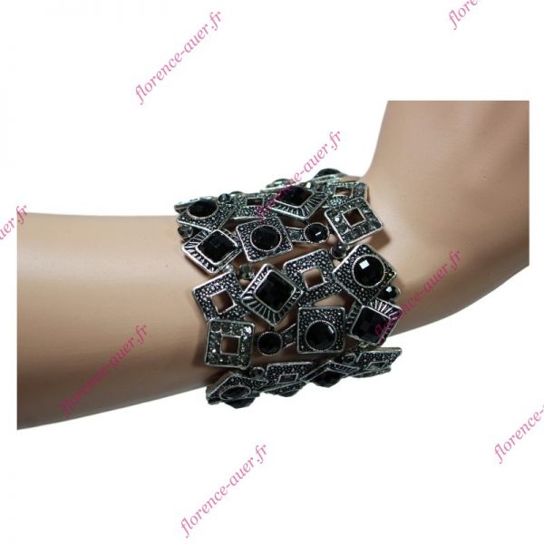 Bracelet manchette ronds et carrés métal argenté strass noirs gris élastique