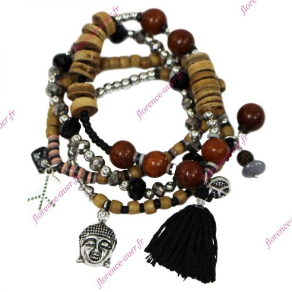 Bracelet élastique tête de Bouddha et médailles peace and love argentées 4 rangs