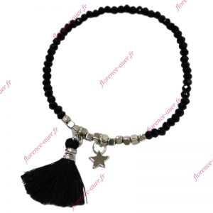 Bracelet noir élastique étoile argentée pompon perles fantaisie cristal noir métal argenté facettes
