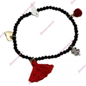 Bracelet noir élastique oiseau blanc nacré rose rouge trèfle argenté 4 feuilles cœur doré pompon rouge perles noires facettées