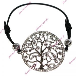 Bracelet arbre de vie ajouré métal argenté strass blancs cordon noir élastique porte-bonheur