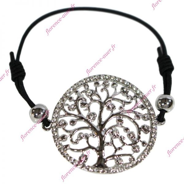 Bracelet arbre de vie ajouré métal argenté strass blancs cordon noir élastique porte-bonheur