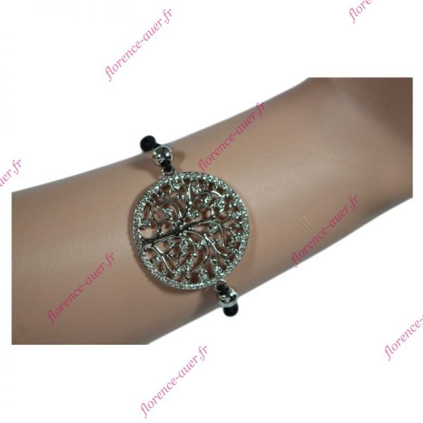 Bracelet arbre de vie ajouré métal argenté strass blancs cordon noir élastique porte-bonheur