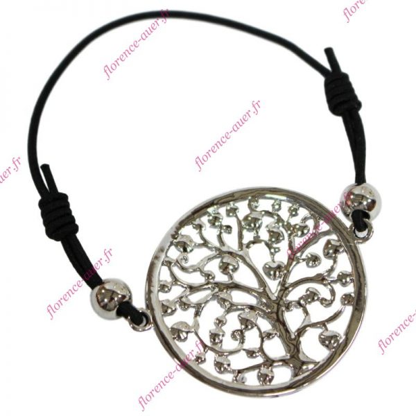 Bracelet arbre de vie ajouré métal argenté strass blancs cordon noir élastique porte-bonheur