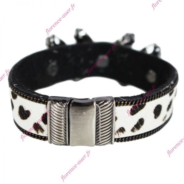 Bracelet léopard blanc taches noires cabochons strass chaînette fermoir aimanté