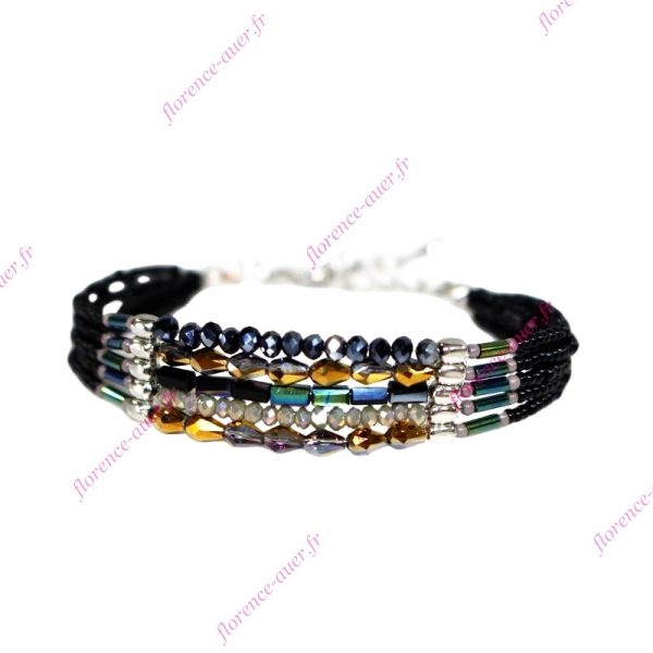 Bracelet fantaisie cristal perles noires tendance chic mordoré irisé bleu vert gris fermoir