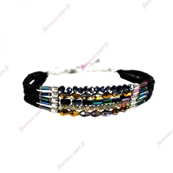 Bracelet fantaisie cristal perles noires tendance chic mordoré irisé bleu vert gris fermoir