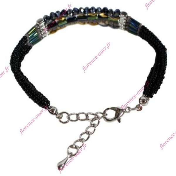 Bracelet fantaisie cristal perles noires tendance chic mordoré irisé bleu vert gris fermoir