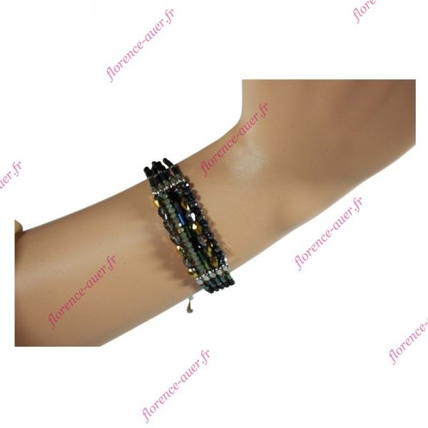 Bracelet fantaisie cristal perles noires tendance chic mordoré irisé bleu vert gris fermoir