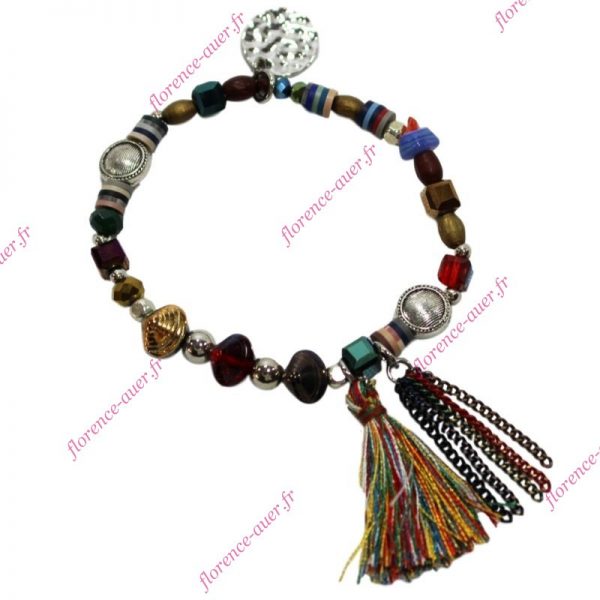 Bracelet coquillages ciselés élastique perles fantaisie multicolore breloques