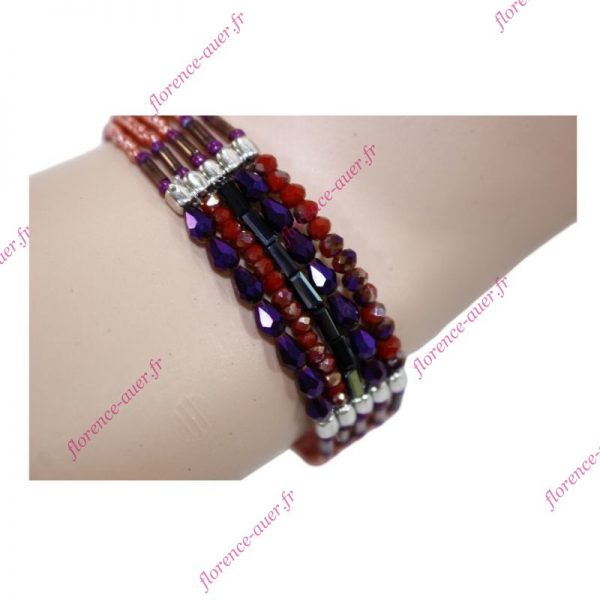 Bracelet fantaisie cristal perles rouge nacré tendance chic rouge irisé violet fermoir argenté