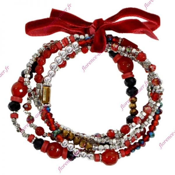 Cinq bracelets rouge noir argenté cuivré nœud perles fantaisie velours bordeaux élastique