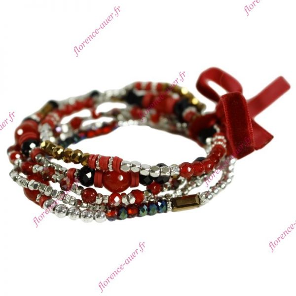Cinq bracelets rouge noir argenté cuivré nœud perles fantaisie velours bordeaux élastique