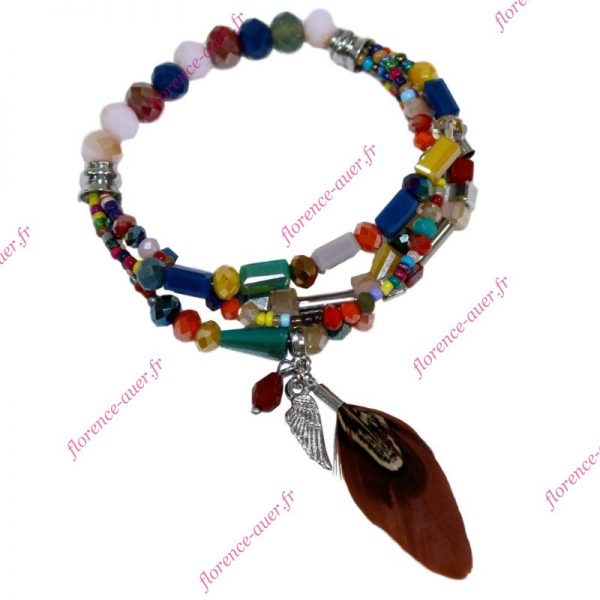 Bracelet multicolore élastique plume oiseau plume métal perles fantaisie cristal métal argenté