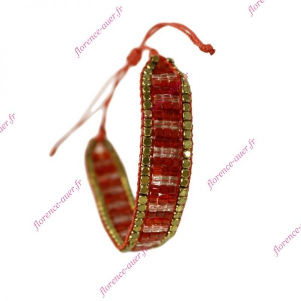 Bracelet brésilien perles tissées rouges dorées vieillies cordon nœud coulissant