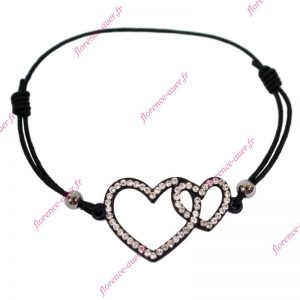 Bracelet deux cœurs entrelacés sertis strass blancs métal cordon noir élastique ajustable