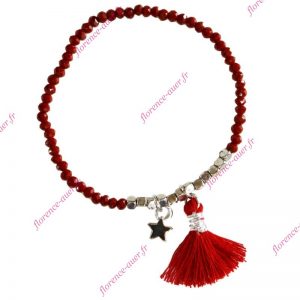 Bracelet rouge élastique étoile argentée pompon perles fantaisie cristal rouge métal argenté facettes