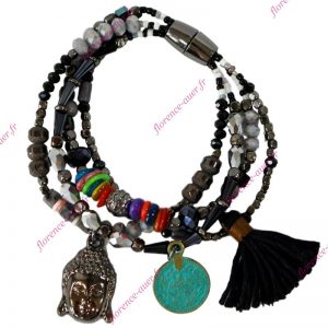 Bracelet Bouddha médaille pompon noir 4 rangs fermoir aimanté perles multicolores fantaisie