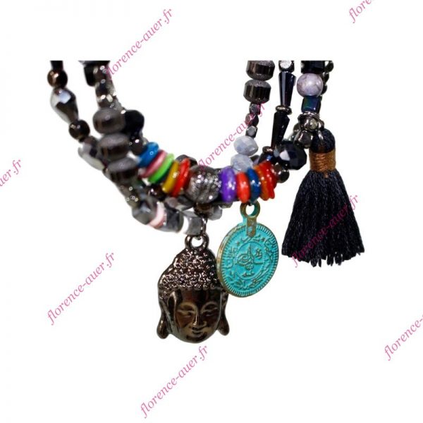 Bracelet Bouddha médaille pompon noir 4 rangs fermoir aimanté perles multicolores fantaisie