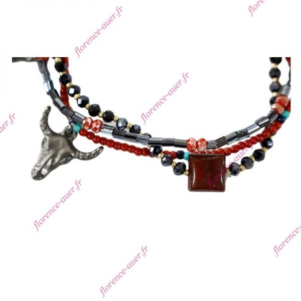 Bracelet Bouddha tête buffle taureau mini pompon perles métal argenté foncé