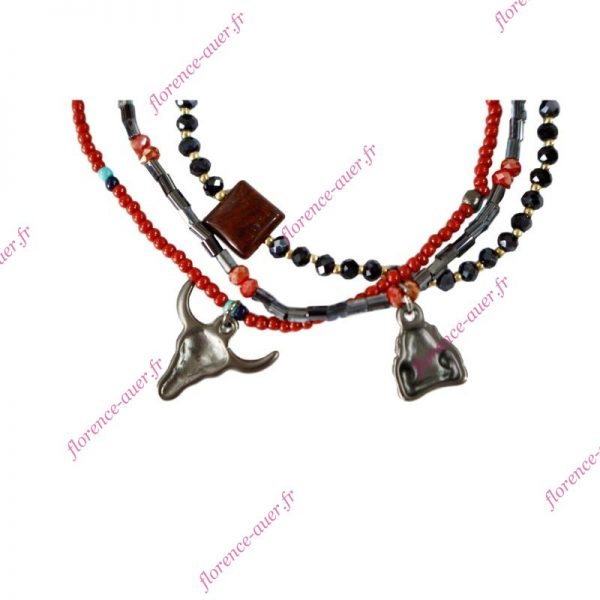 Bracelet Bouddha tête buffle taureau mini pompon perles métal argenté foncé