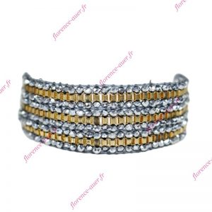 Bracelet chic perles tissées cristal gris chaînette dorée cordon nœud coulissant
