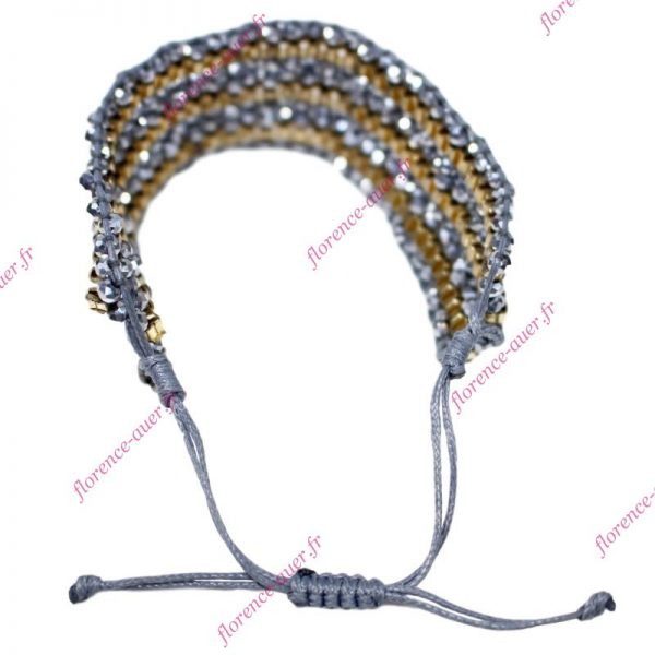 Bracelet chic perles tissées cristal gris chaînette dorée cordon nœud coulissant